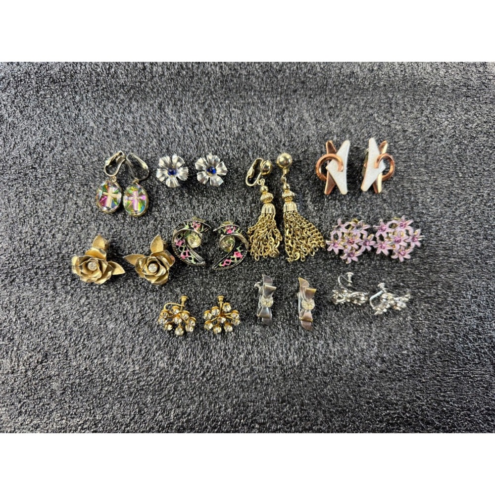 Vintage Clip On Screw Back Earring‎ Lot 10 Gold Silver Tone Rhinestone  Tassel
